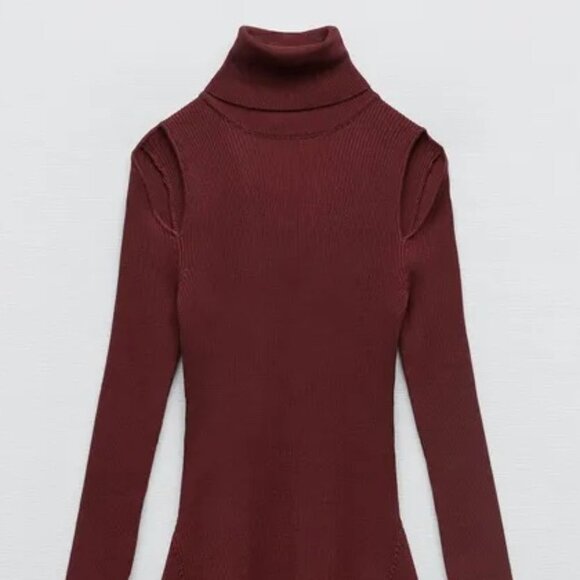 New Zara Women's CUT OUT SHOULDER SKATER DRESS DARK BORDEAUX - Picture 8 of 11